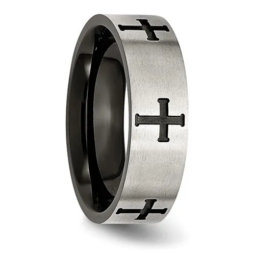 Stainless Steel Brushed Polished Black IP-plated Crosses 7mm Band