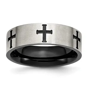 Stainless Steel Brushed Polished Black IP-plated Crosses 7mm Band