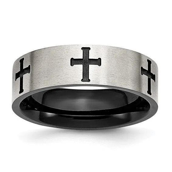Stainless Steel Brushed Polished Black IP-plated Crosses 7mm Band