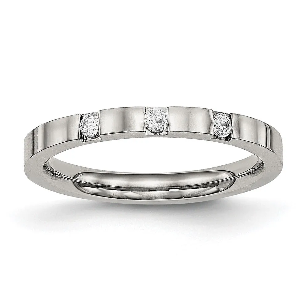 Stainless Steel Polished 3 Stone CZ 2.5mm Flat Band