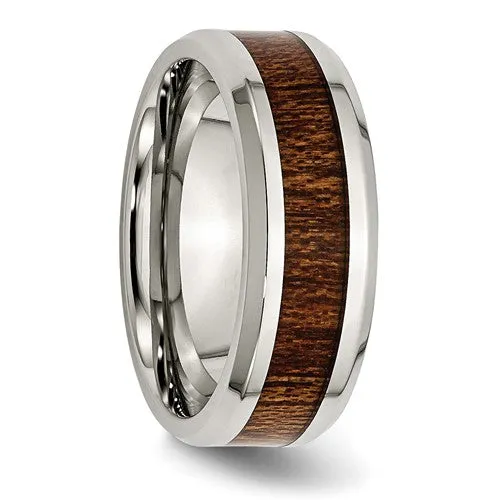 Stainless Steel Polished Brown Koa Wood Inlay Enameled 8mm Band