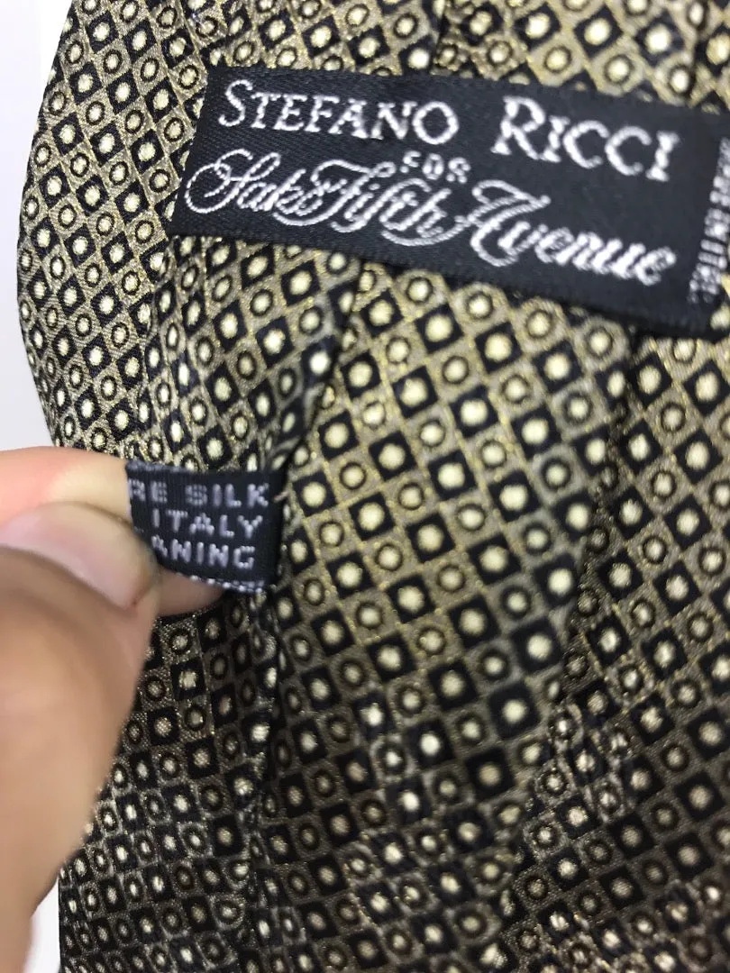 STEFANO RICCI Black Men's Tie with Black and Gold Diamonds and Circles 60 in.