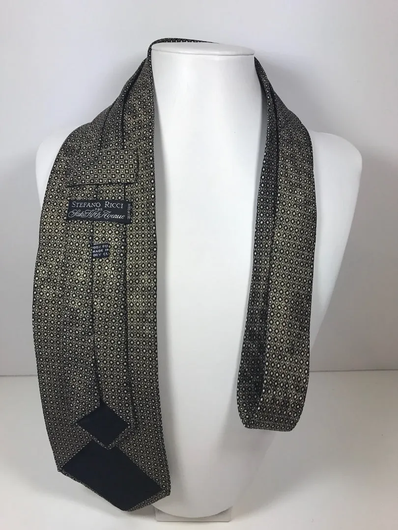 STEFANO RICCI Black Men's Tie with Black and Gold Diamonds and Circles 60 in.