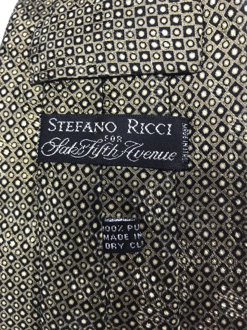 STEFANO RICCI Black Men's Tie with Black and Gold Diamonds and Circles 60 in.