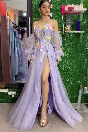 Strapless 3D Floral Lavender Prom Dress with Detachable Sleeves TP1385