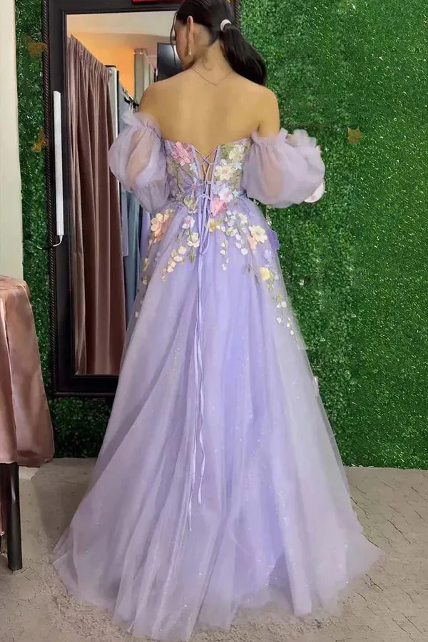 Strapless 3D Floral Lavender Prom Dress with Detachable Sleeves TP1385
