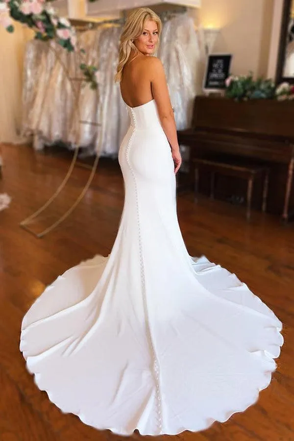 Strapless Chapel Train Mermaid Long Satin Wedding Dresses TN318