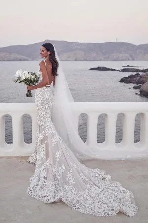 Straps Mermaid Wedding Dresses Lace Appliqued Bridal Gowns TN297
