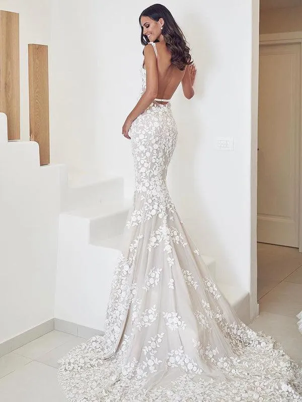 Straps Mermaid Wedding Dresses Lace Appliqued Bridal Gowns TN297