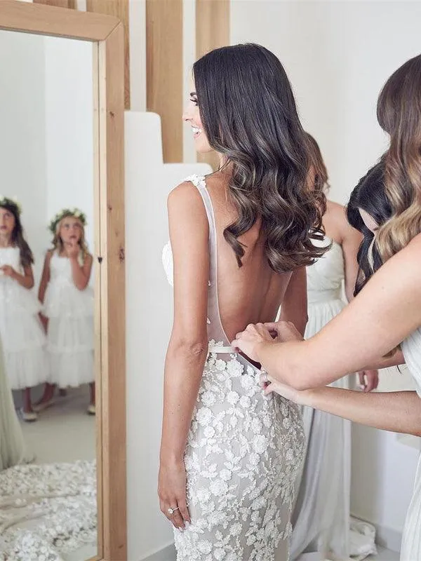 Straps Mermaid Wedding Dresses Lace Appliqued Bridal Gowns TN297