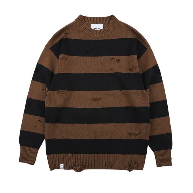 Striped Sweaters Men Hole Knit Jumpers
