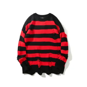Striped Sweaters Men Hole Knit Jumpers