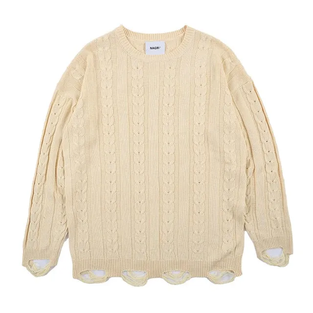 Striped Sweaters Men Hole Knit Jumpers