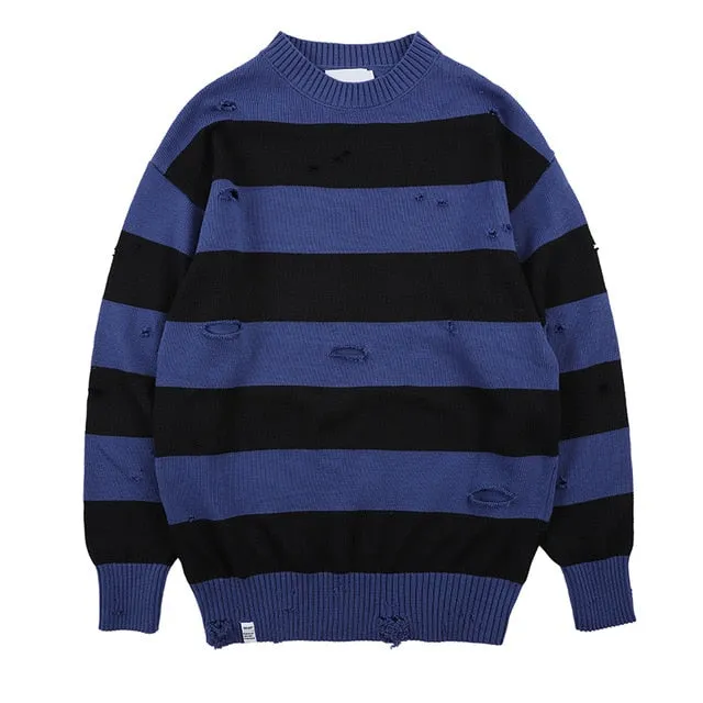 Striped Sweaters Men Hole Knit Jumpers