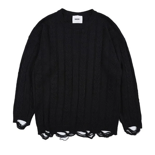 Striped Sweaters Men Hole Knit Jumpers
