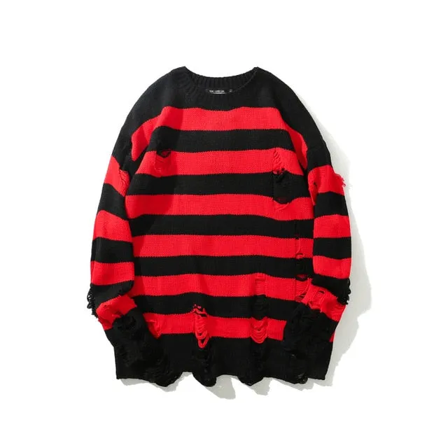 Striped Sweaters Men Hole Knit Jumpers