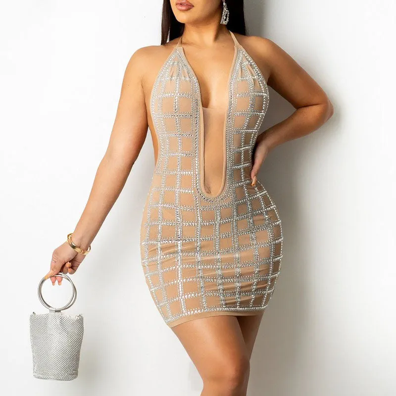 Studded Plaid Pattern Sleeveless Halter Sheer Mesh Bodycon Dress
