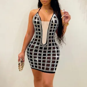 Studded Plaid Pattern Sleeveless Halter Sheer Mesh Bodycon Dress