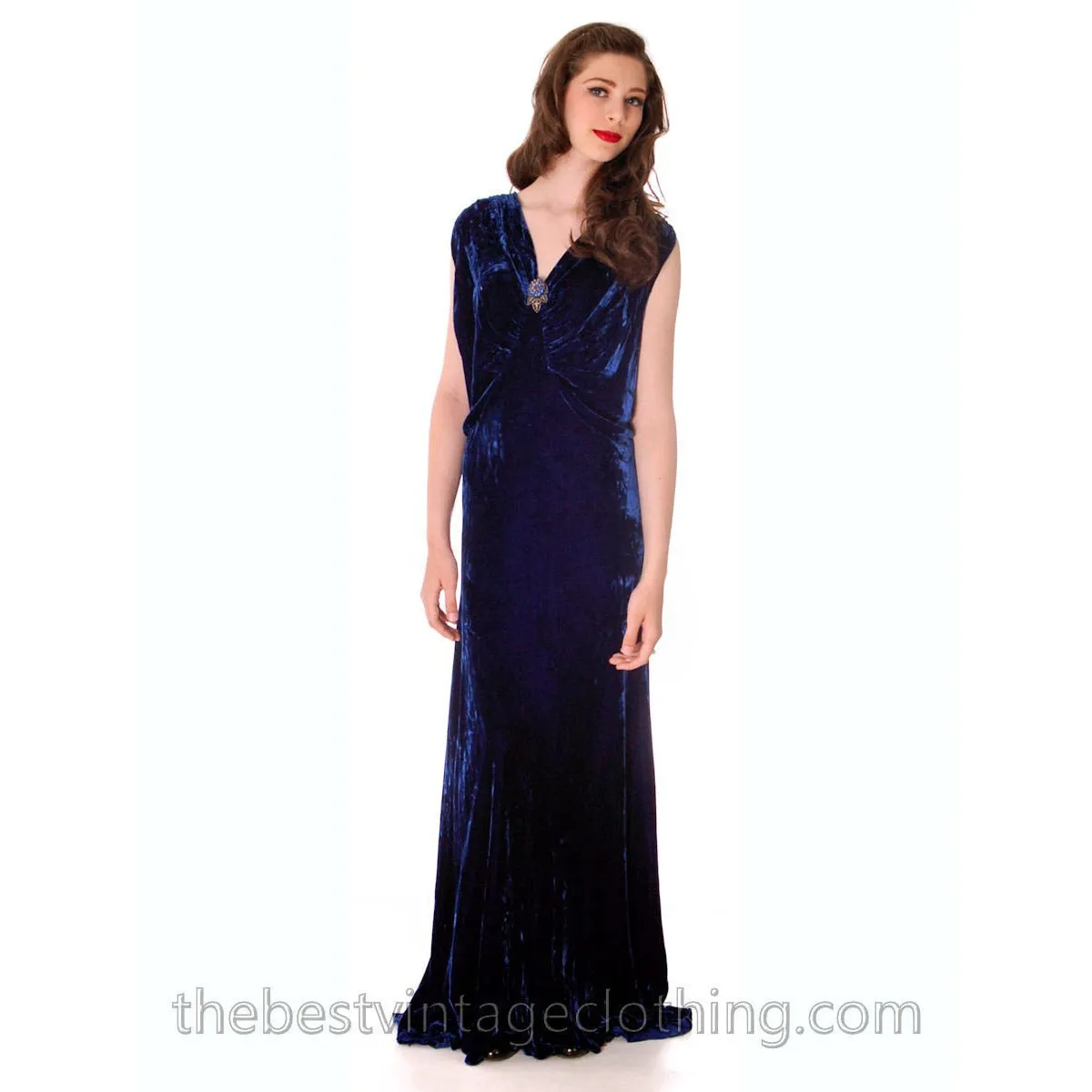 Stunning 1930s Vintage Crushed Blue Velvet Evening Gown   Batwing Bolero Jacket 42 Bust M L