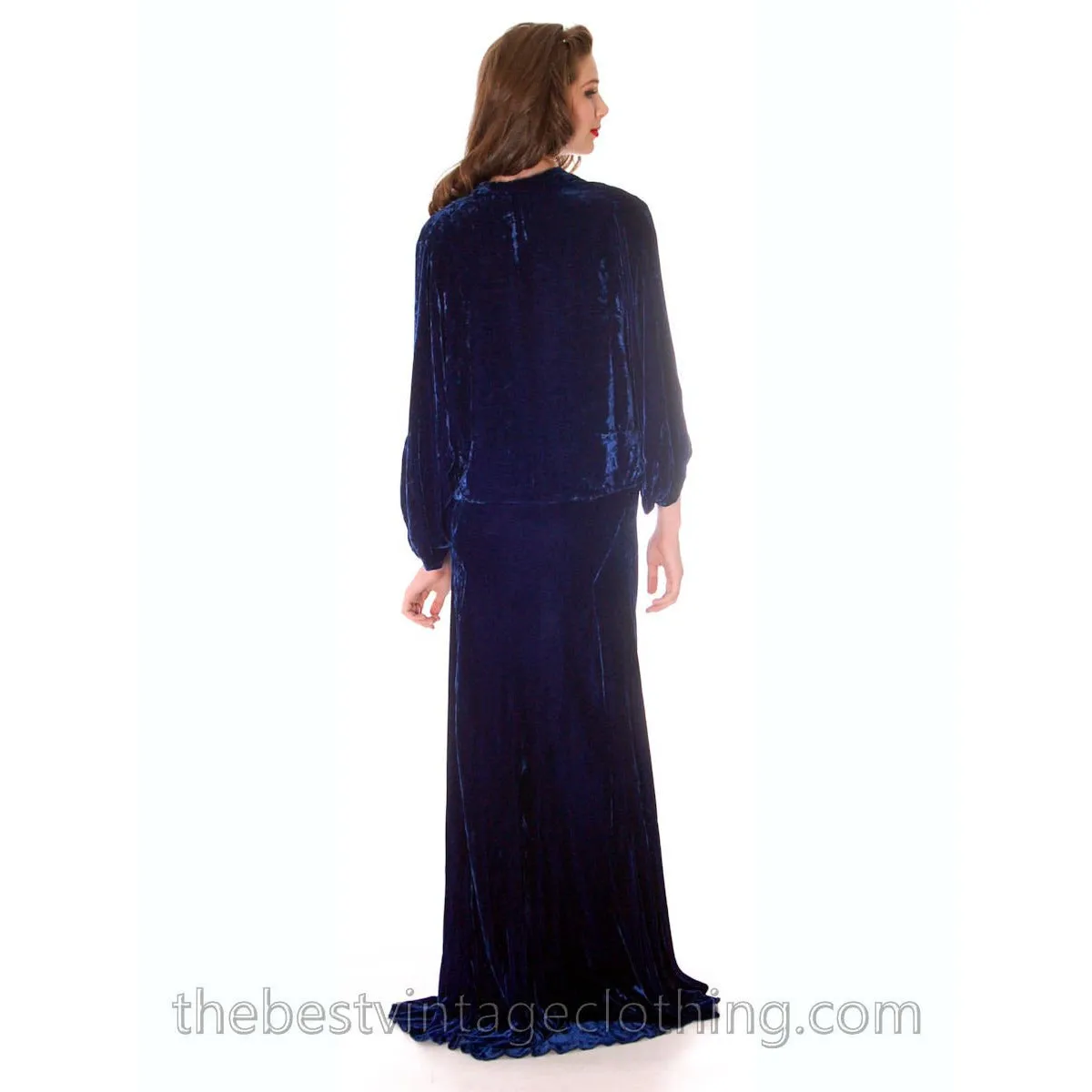 Stunning 1930s Vintage Crushed Blue Velvet Evening Gown   Batwing Bolero Jacket 42 Bust M L