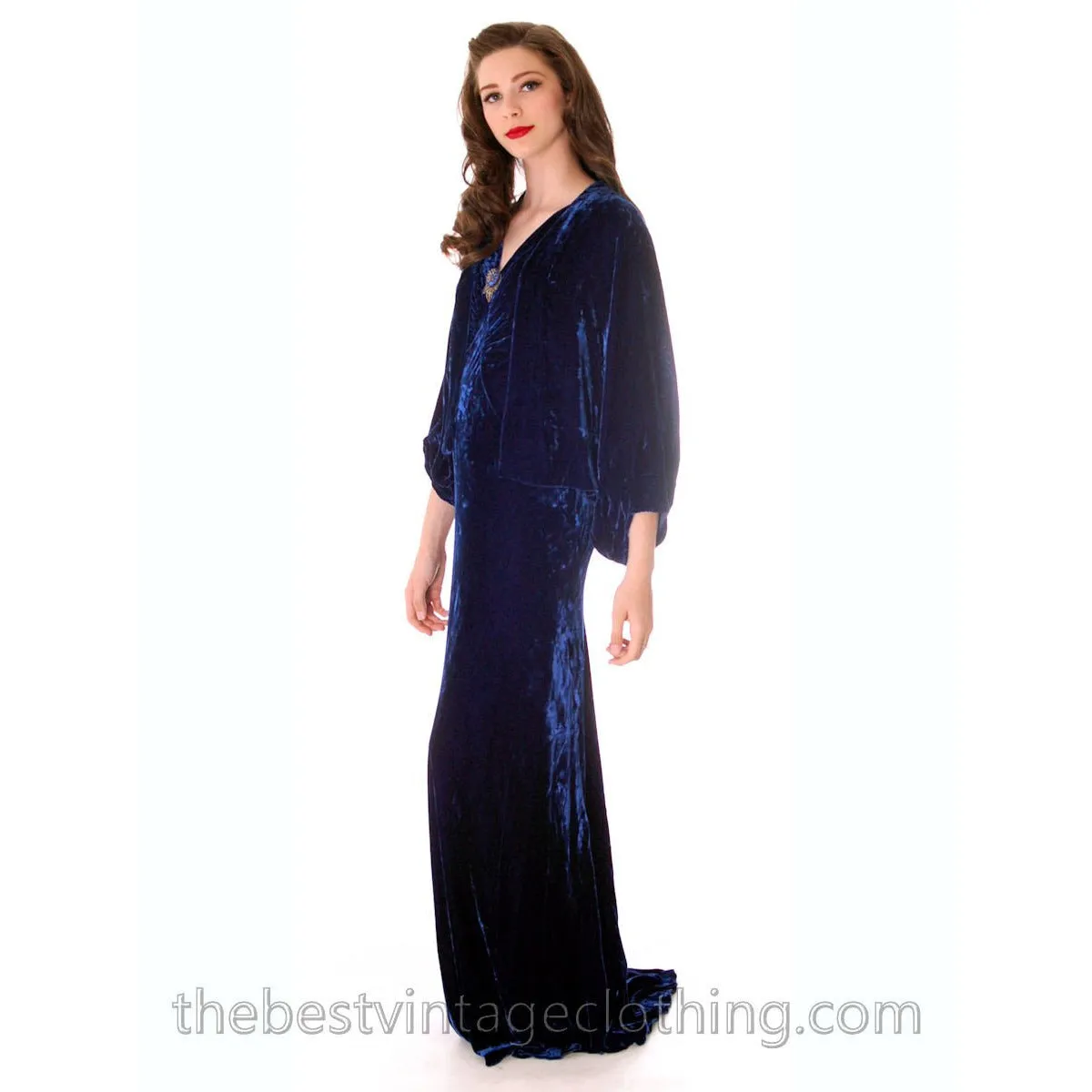 Stunning 1930s Vintage Crushed Blue Velvet Evening Gown   Batwing Bolero Jacket 42 Bust M L