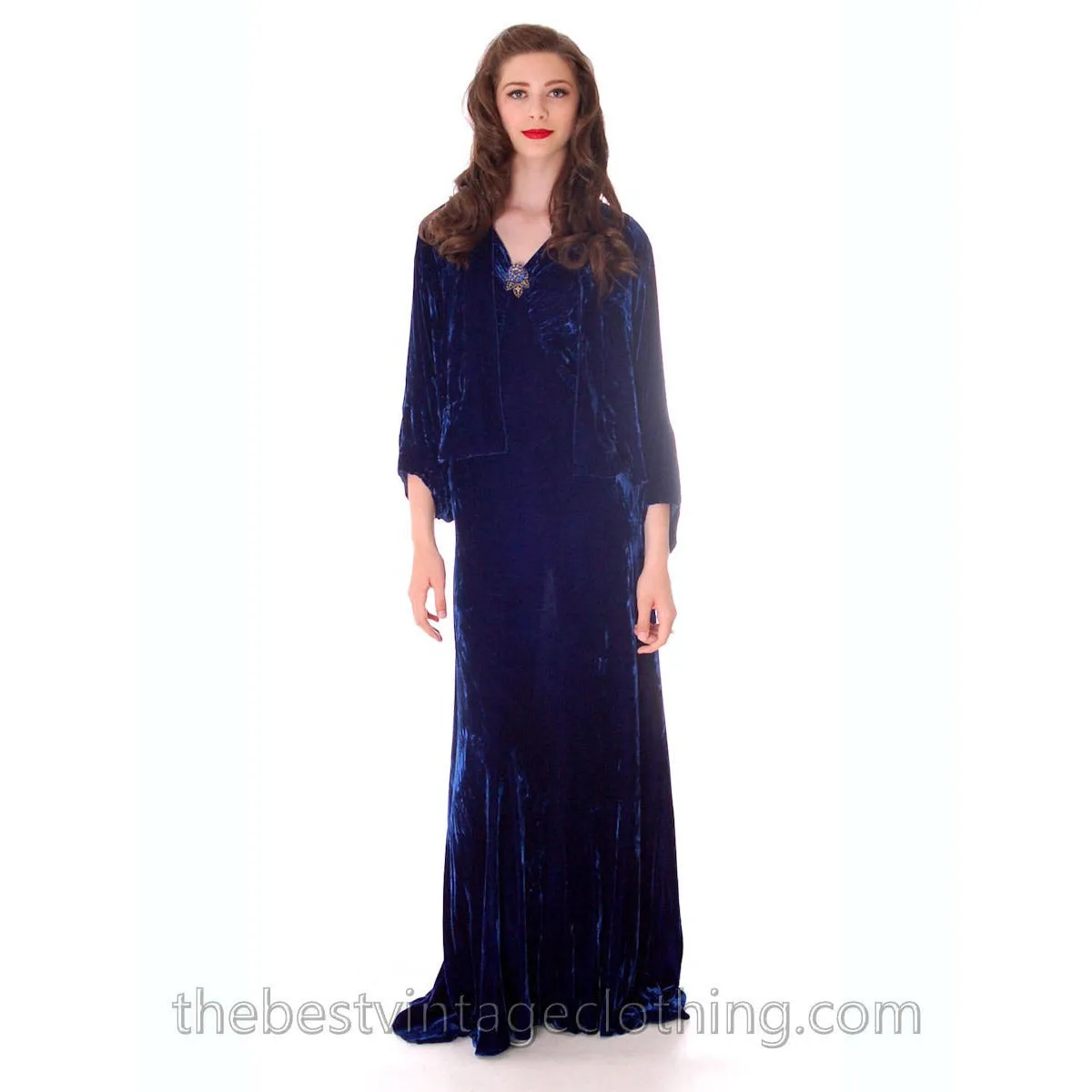 Stunning 1930s Vintage Crushed Blue Velvet Evening Gown   Batwing Bolero Jacket 42 Bust M L
