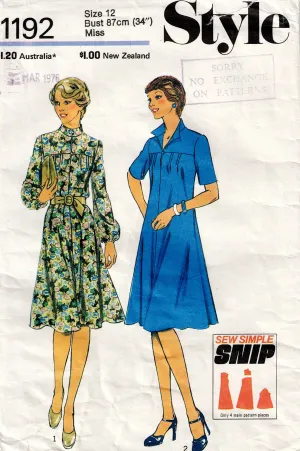 Style 1192 Womens Flared Dress with Yoke & Bodice Tucks 1970s Vintage Sewing Pattern Size 12 or 16