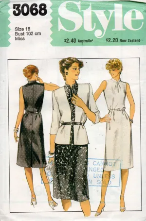 Style 3068 Womens Back Buttoned Dress & Cardigan Jacket 1980s Vintage Sewing Pattern Size 18 Bust 40 inches UNCUT Factory Folded
