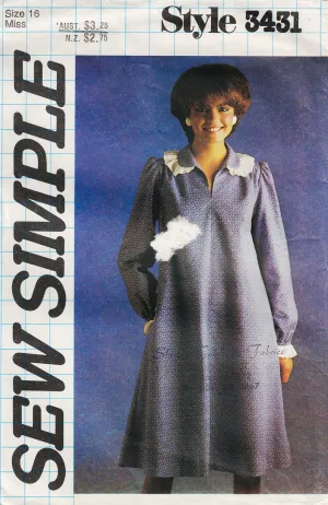 Style 3431 Womens EASY Pullover Smock Dress 1980s Vintage Sewing Pattern Size 16 Bust 38 inches UNCUT Factory Folded