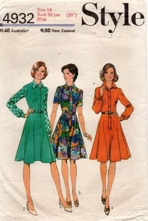 Style 4932 Womens Fit & Flared Shirtdress 1970s Vintage Sewing Pattern Size 14 Bust 36 inches