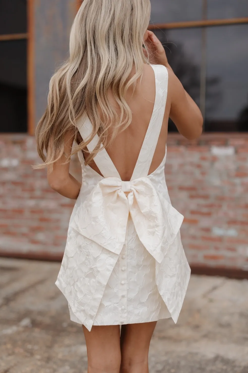 Susan White Jacquard Back Bow Mini Dress