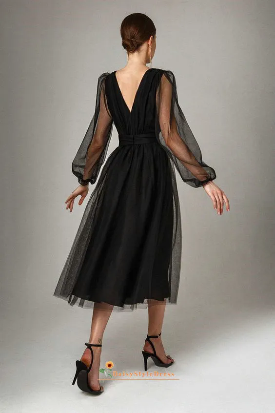 Tea Length Long Sleeve Black Party Dress
