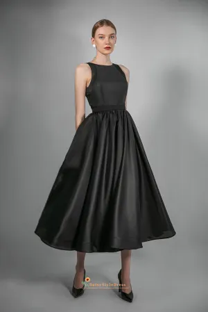 Tea Length V-back Black Party Dress with Pocket