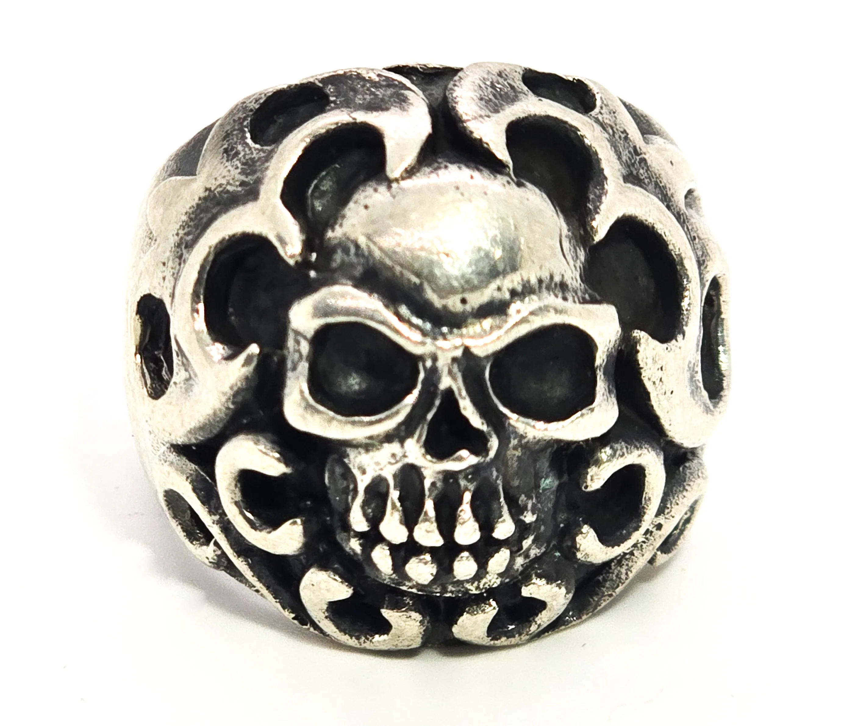 Thick Skull tribal flames retro biker solid sterling silver memento mori ring size 10.5