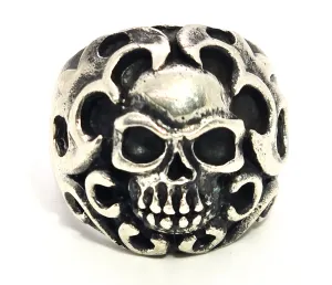Thick Skull tribal flames retro biker solid sterling silver memento mori ring size 10.5