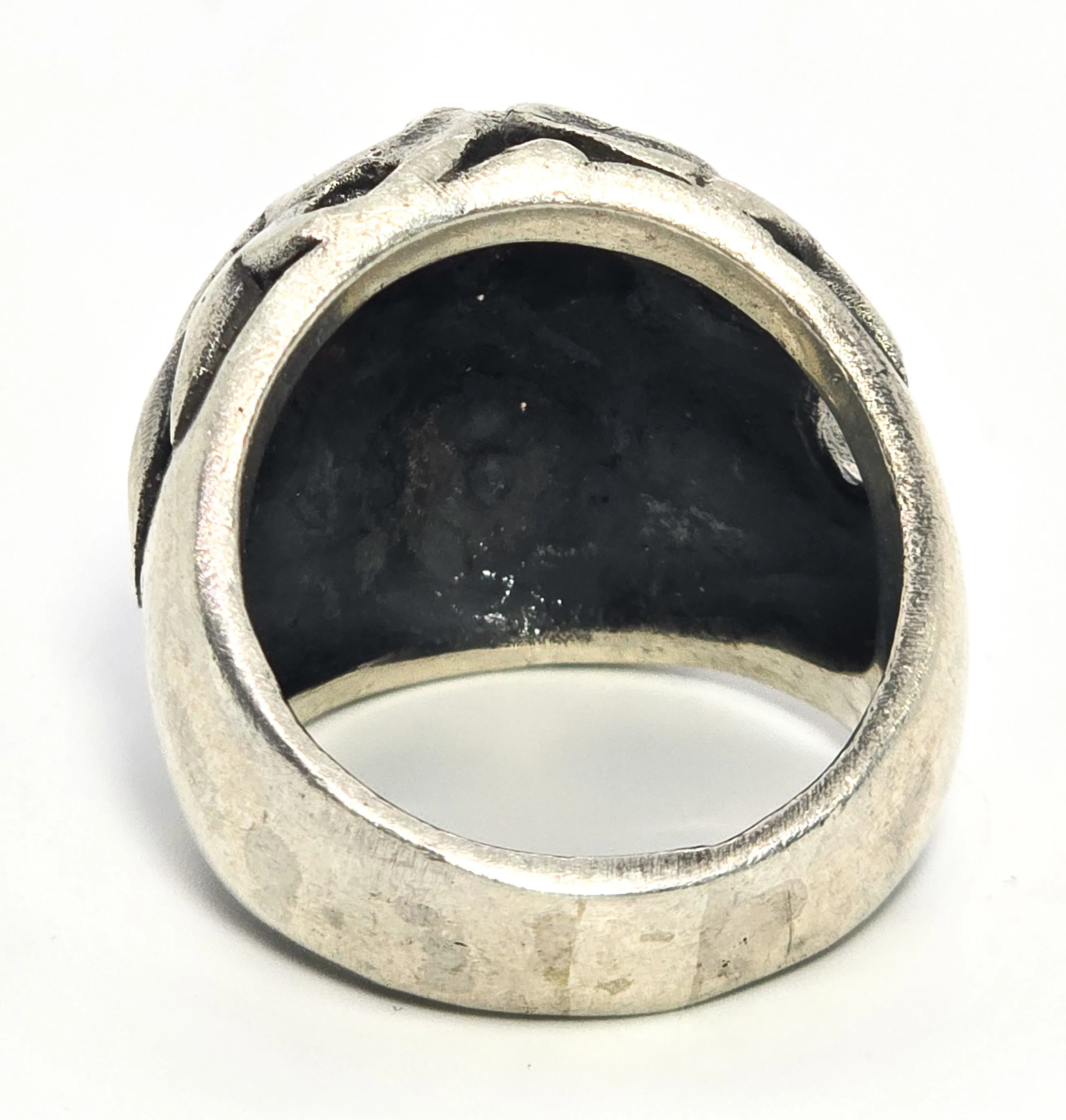 Thick Skull tribal flames retro biker solid sterling silver memento mori ring size 10.5
