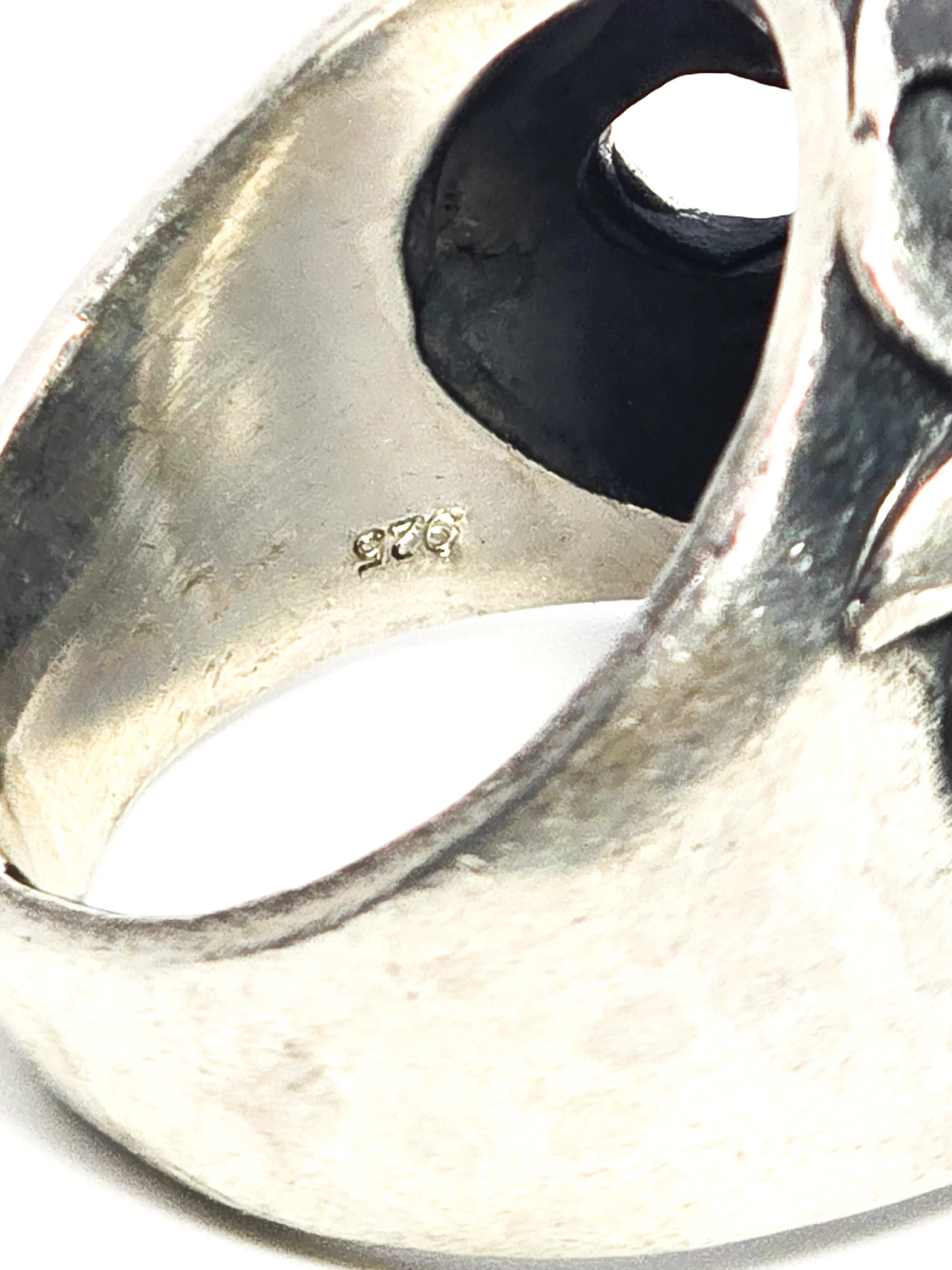 Thick Skull tribal flames retro biker solid sterling silver memento mori ring size 10.5
