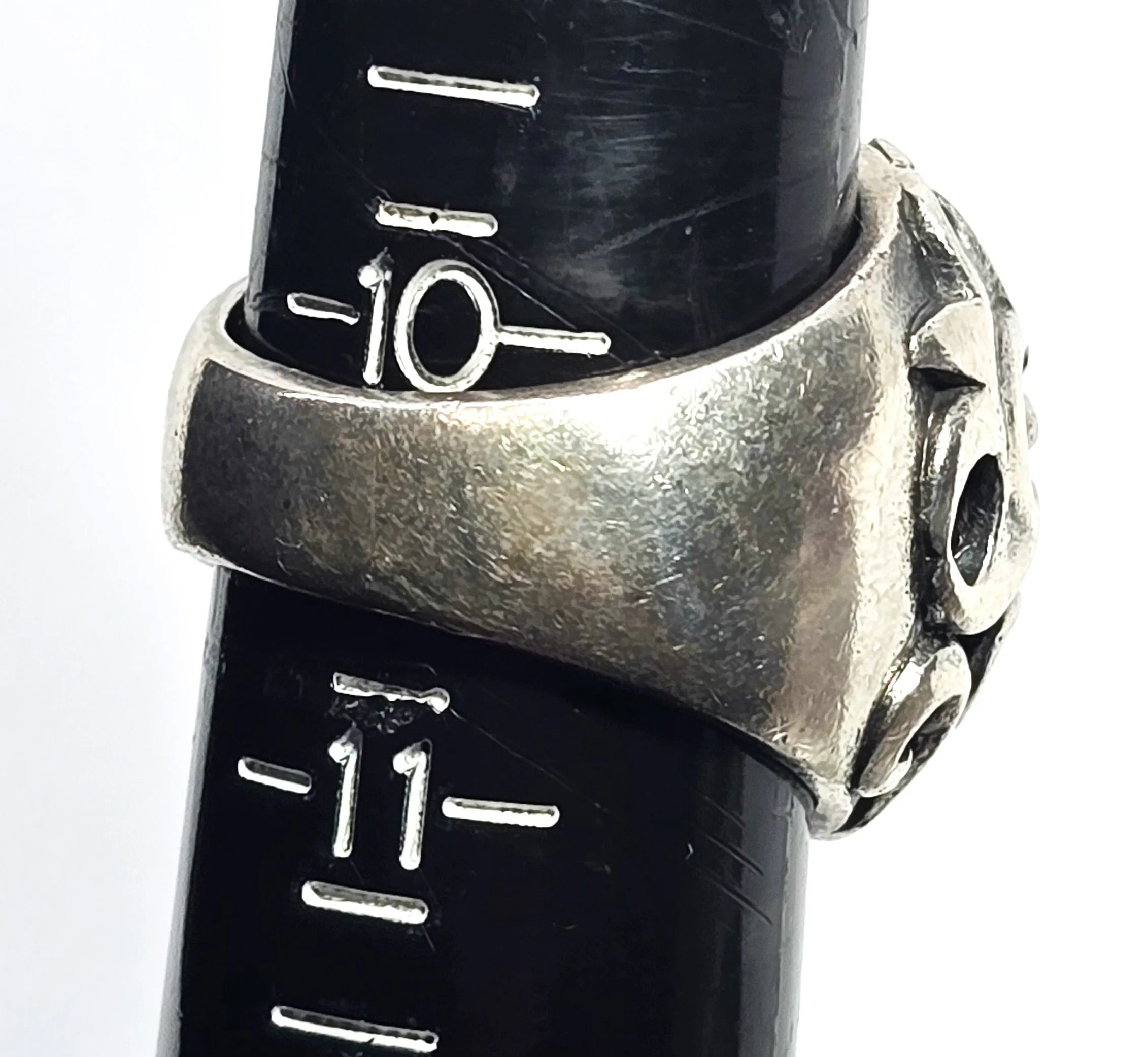 Thick Skull tribal flames retro biker solid sterling silver memento mori ring size 10.5