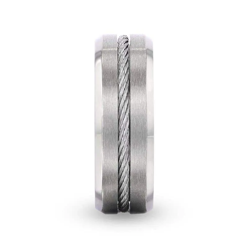 Thorsten ALBERT Steel Cable Inlaid Brushed Center Titanium Men's Wedding Band With With Beveled Polished Edges - 8mm