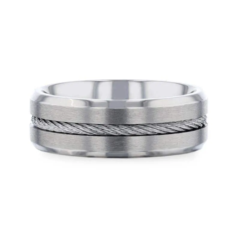 Thorsten ALBERT Steel Cable Inlaid Brushed Center Titanium Men's Wedding Band With With Beveled Polished Edges - 8mm
