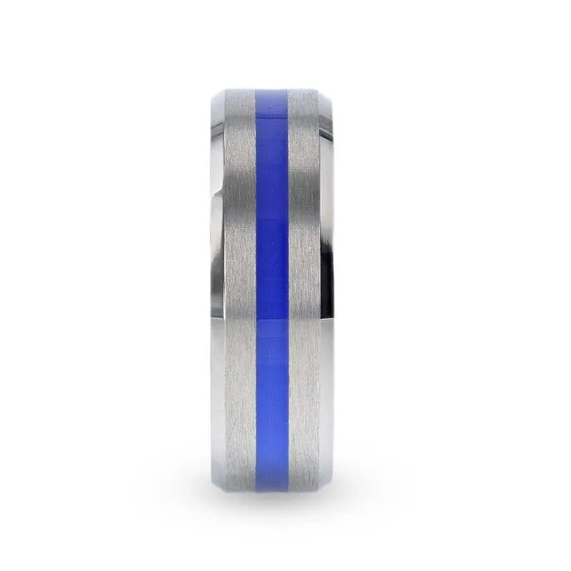 Thorsten BARRY Blue Stripe Inlaid Titanium Flat Brushed Men's Wedding Ring With Beveled Polished Edges - 8mm
