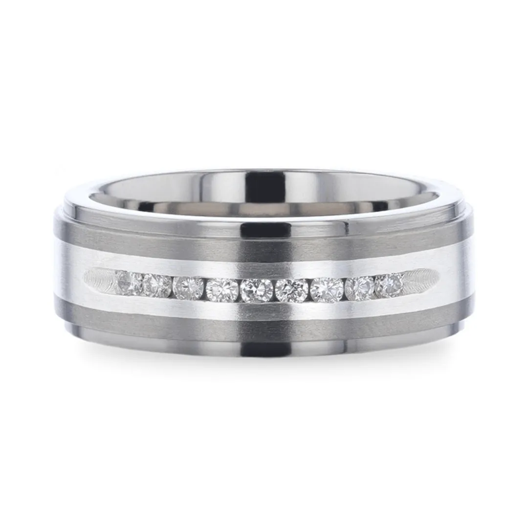 Thorsten BOND Flat Brushed Silver Inlaid Titanium Men's Wedding Band With 9 Channel Set White Diamonds - 8mm