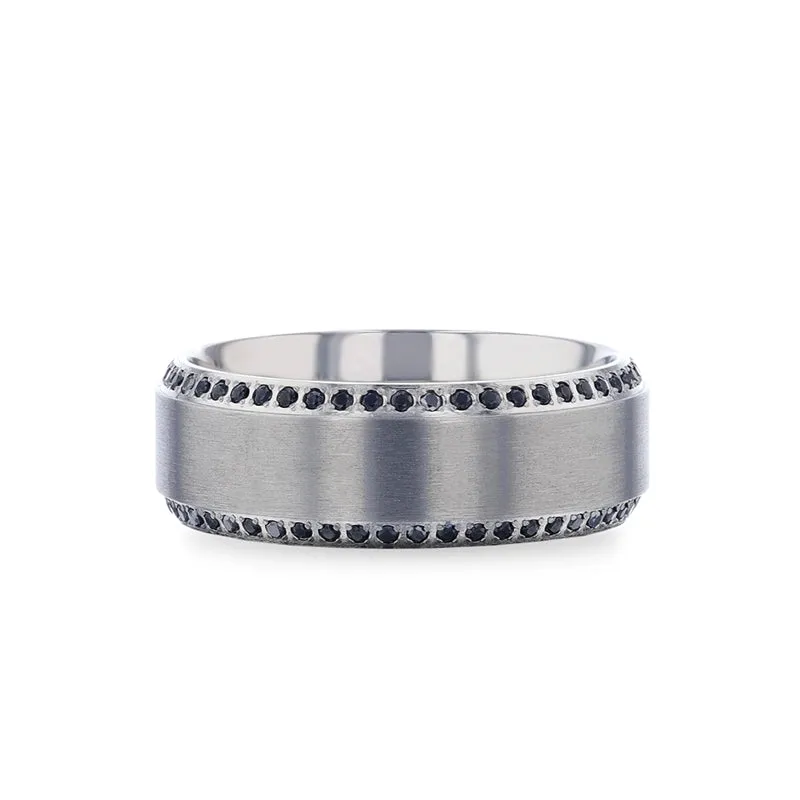 Thorsten CHAMPION Flat Brushed Center Titanium Men's Wedding Band with Black Sapphire Polished Beveled Edges - 8mm