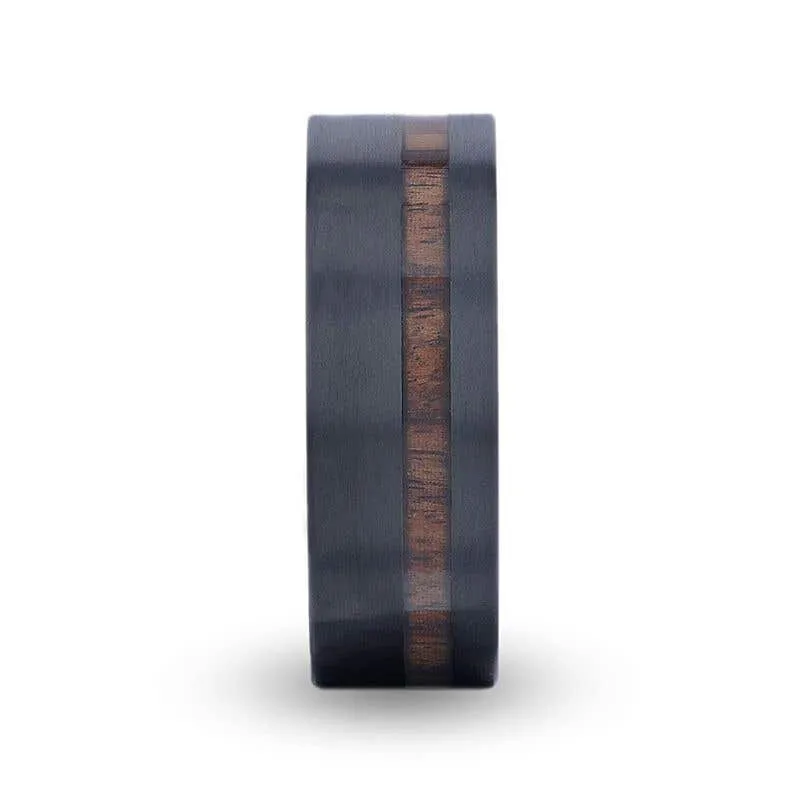 Thorsten DARING Off-Set Koa Wood Inlaid Black Titanium Men's Wedding Band With Flat Brushed Finish - 8mm