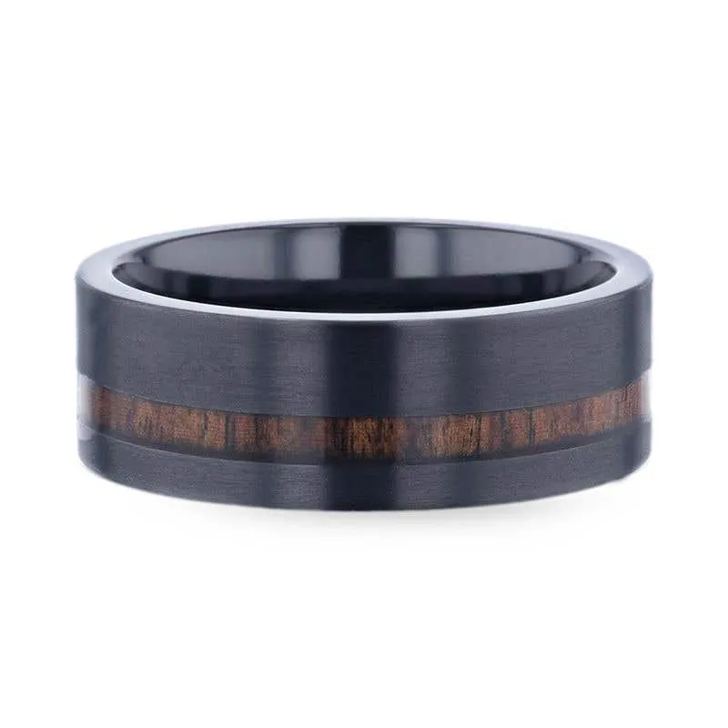 Thorsten DARING Off-Set Koa Wood Inlaid Black Titanium Men's Wedding Band With Flat Brushed Finish - 8mm