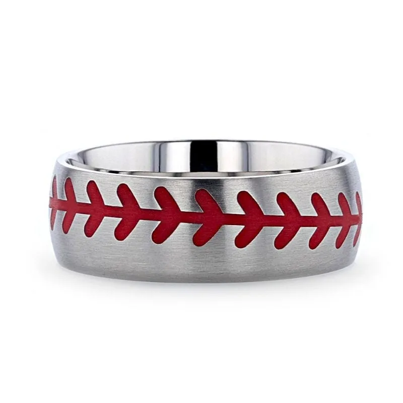 Thorsten DIMAGGIO Titanium Brushed Finish Ring with Red Baseball Stitching Pattern - 8mm