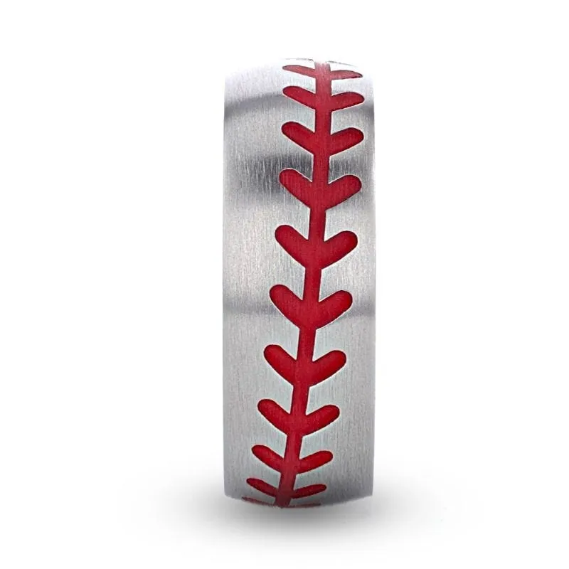 Thorsten DIMAGGIO Titanium Brushed Finish Ring with Red Baseball Stitching Pattern - 8mm