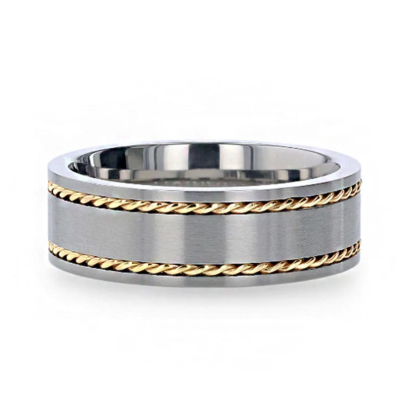 Thorsten FERDINAND Titanium Brushed Finish Flat Men's Wedding Ring With 14K Yellow Gold Dual Braided Inlay - 8mm