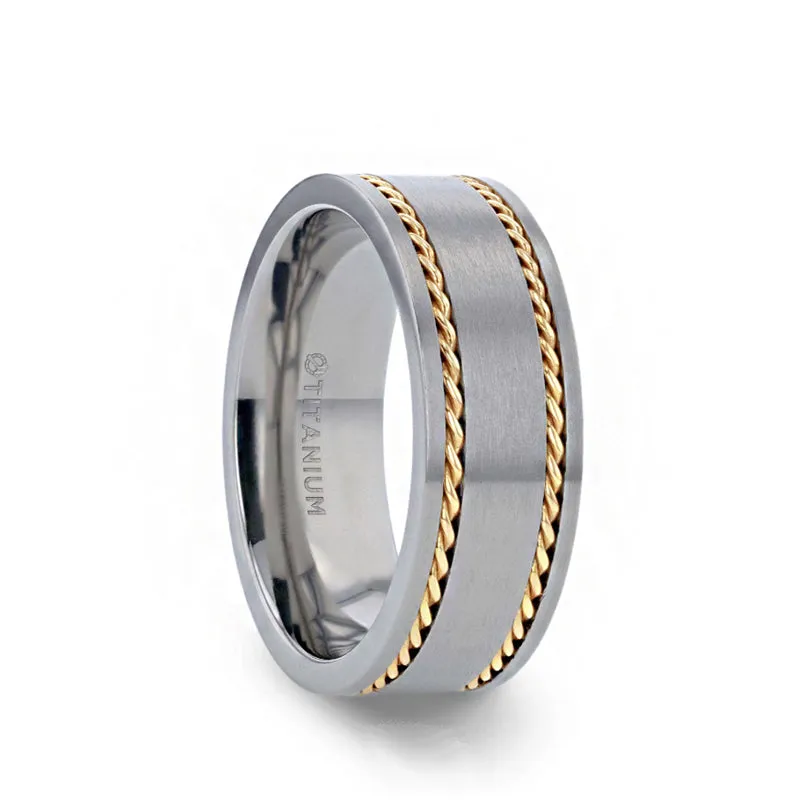 Thorsten FERDINAND Titanium Brushed Finish Flat Men's Wedding Ring With 14K Yellow Gold Dual Braided Inlay - 8mm