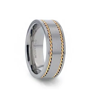 Thorsten FERDINAND Titanium Brushed Finish Flat Men's Wedding Ring With 14K Yellow Gold Dual Braided Inlay - 8mm
